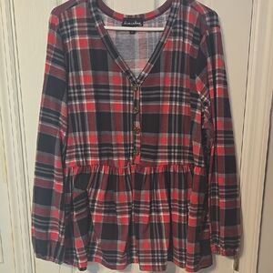 Red, Pink,Black And Gray Plaid Half Way Button-Up Top. Size 3X